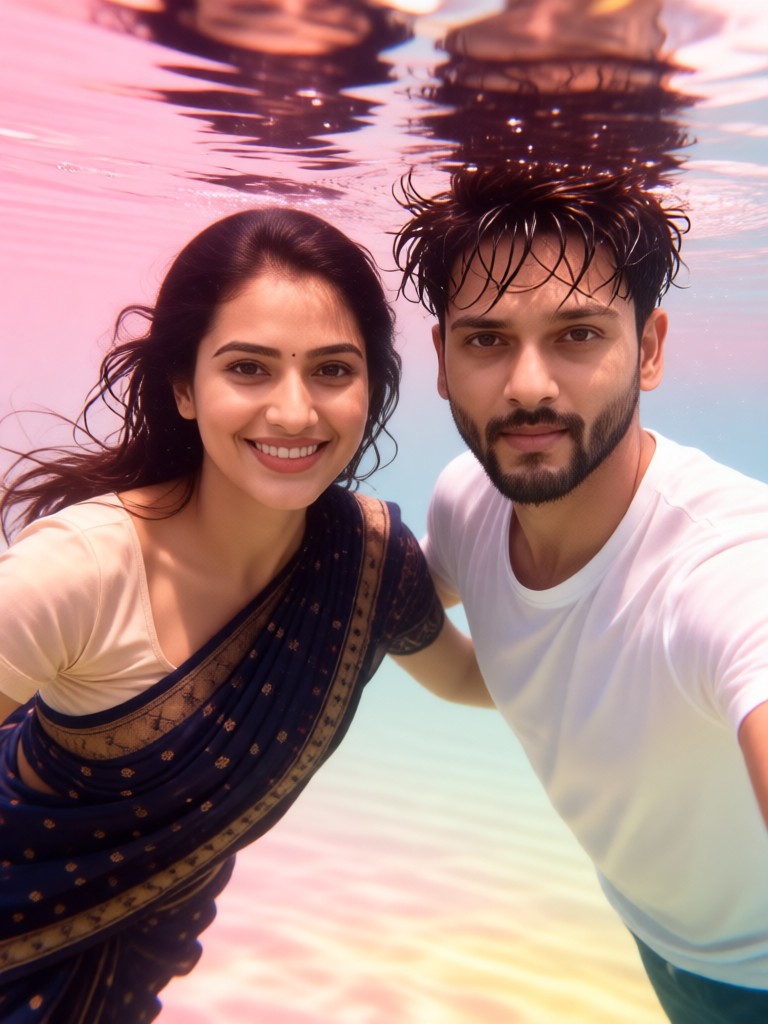 Couple leaping out of the sea - cuddling image