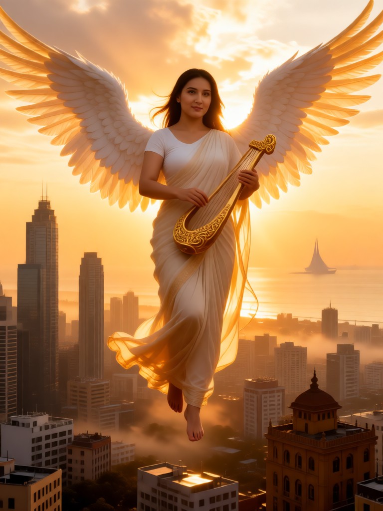 The beautiful angel played the harp in the air image