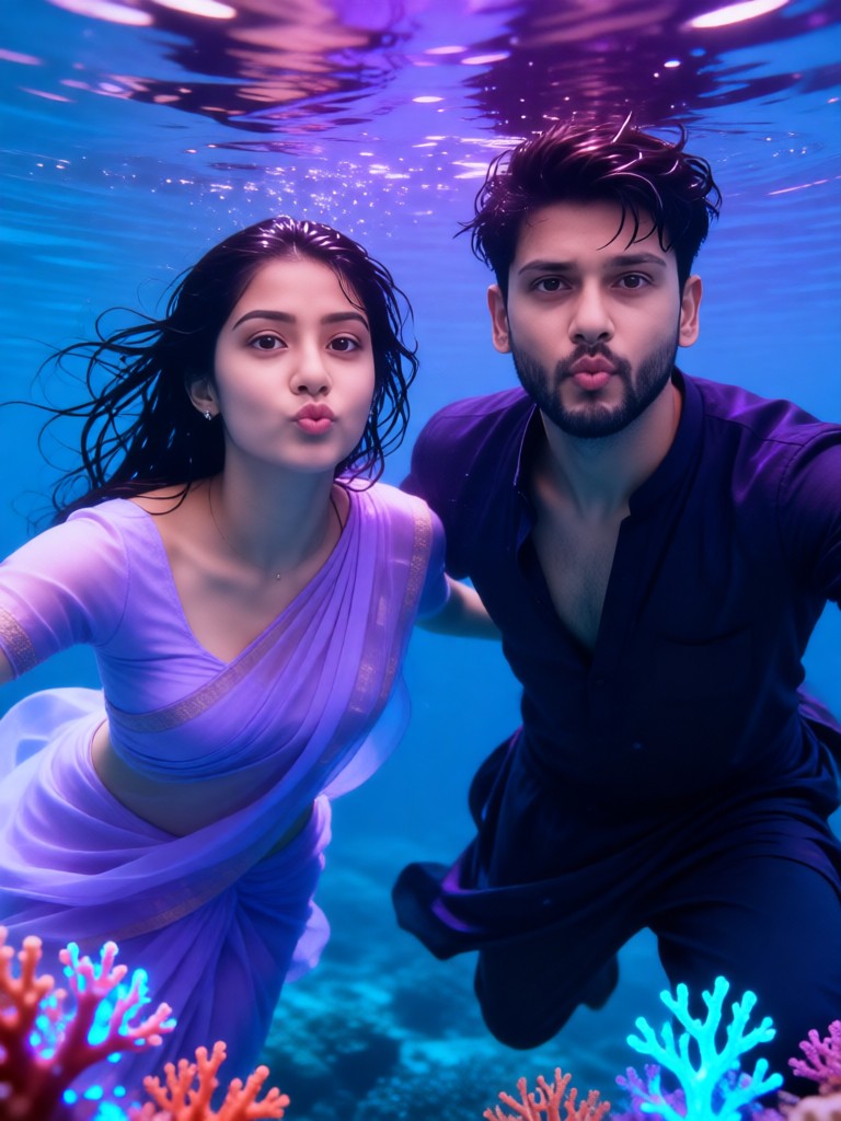 Couple leaping out of the sea - kiss image