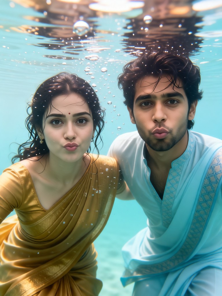 Couple jumping out of the sea - beach image