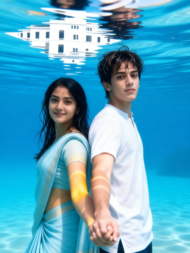 Couple leaping out of the sea - Dreamlike image