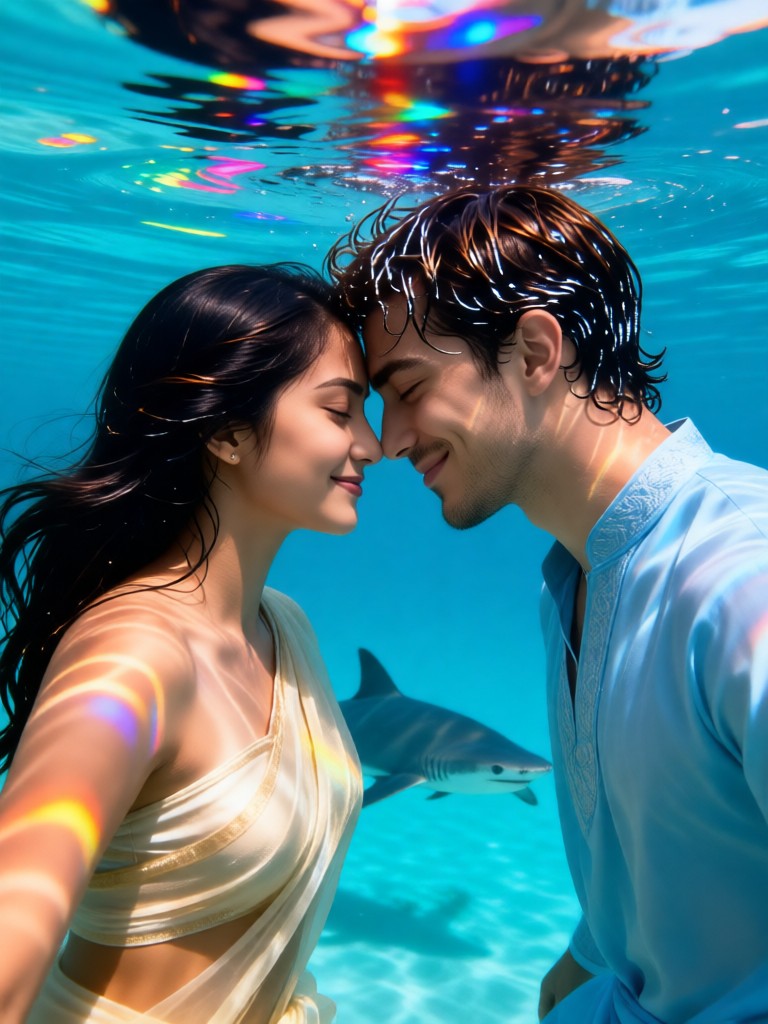 Couple leaping out of the sea - face to face image