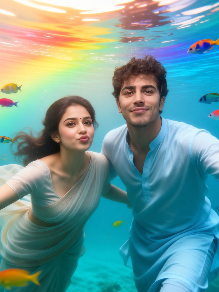 Couple leaping out of the sea - school of fish image