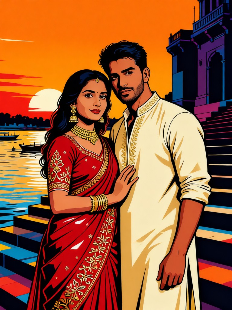 Couple Pop Art Style with Ganges Background image