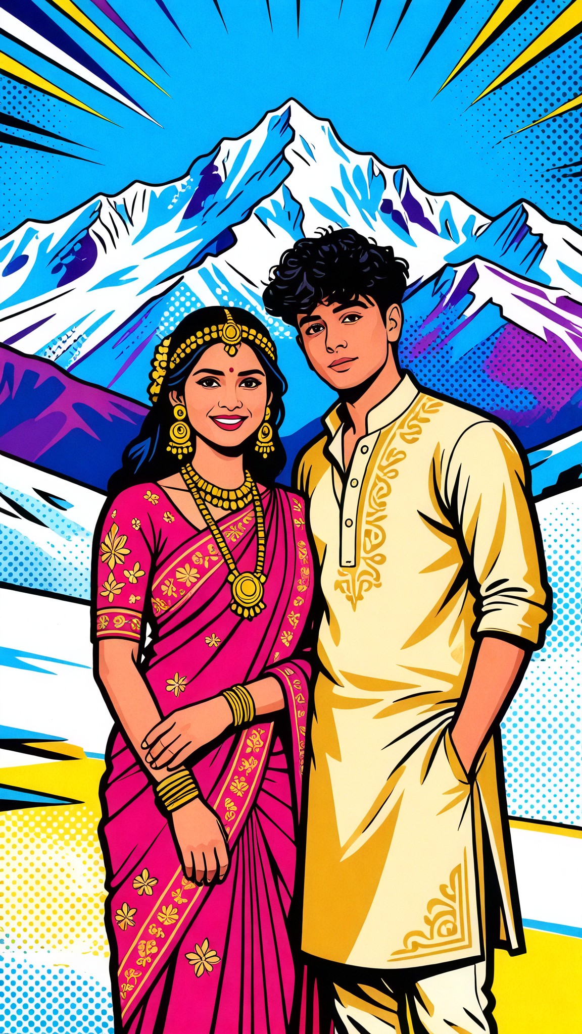 Couple Pop Art Style Snow Mountain Scene image