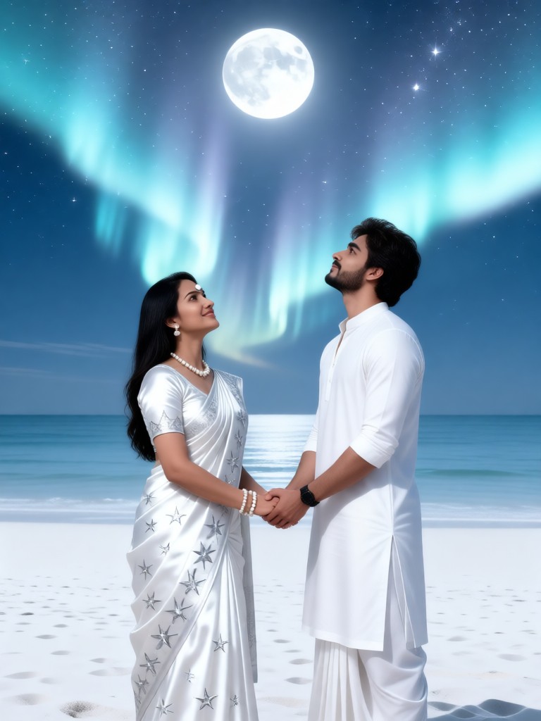 Beach - Couple Watching the Moon with the Aurora image