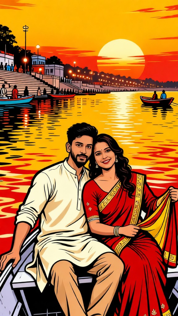 Couple Pop Art Style with Ganges Background image