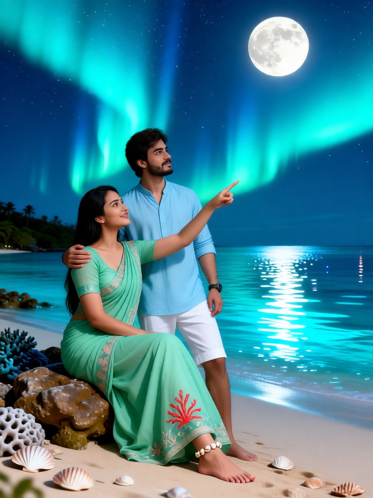 Beach - Couples Watching the Moon with the Aurora image