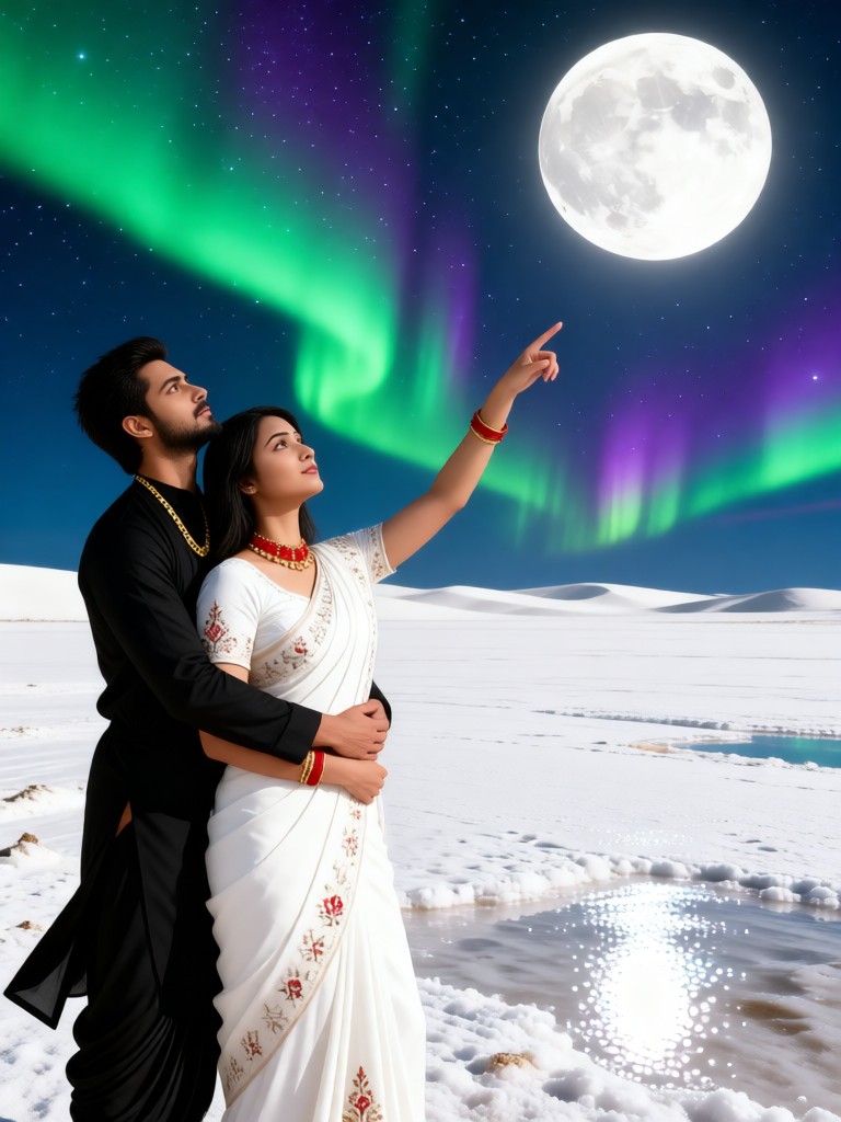 Salt Desert - Couple Watching the Aurora and Moon image