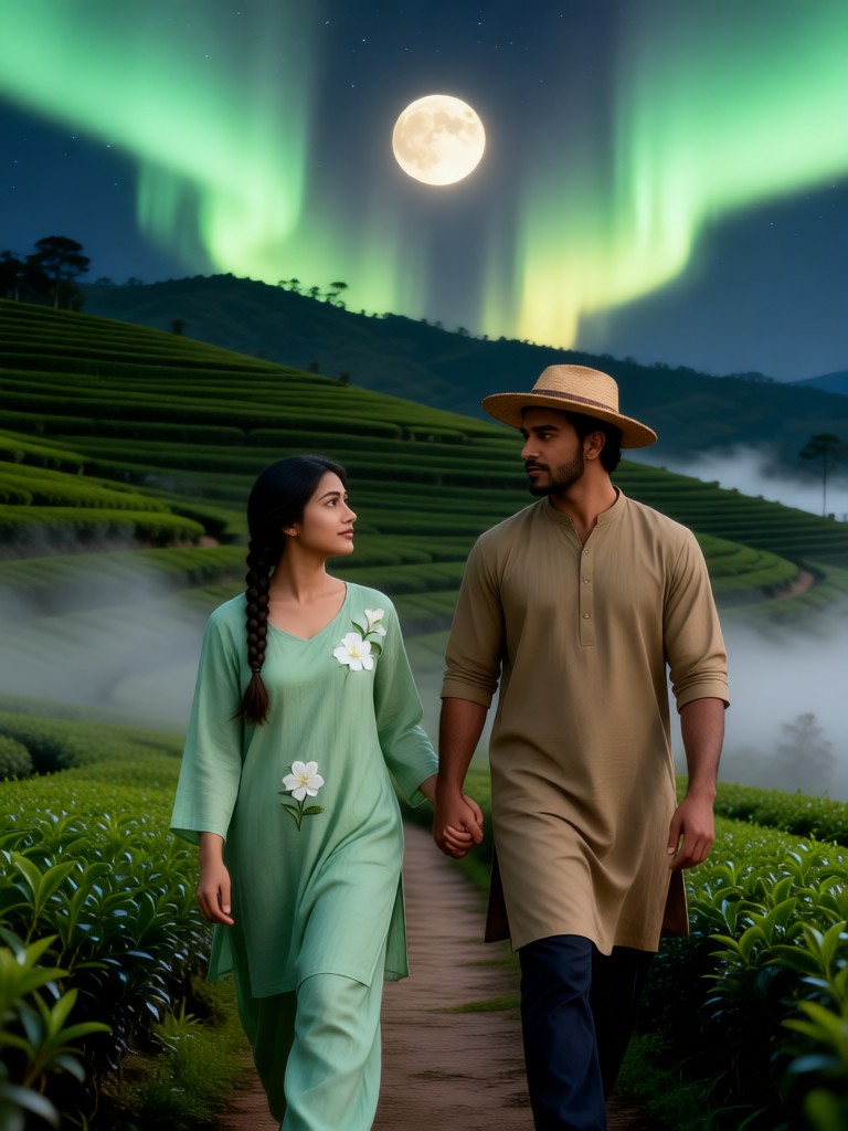 Tea Garden - Couples Watching the Moon and Northern Lights image