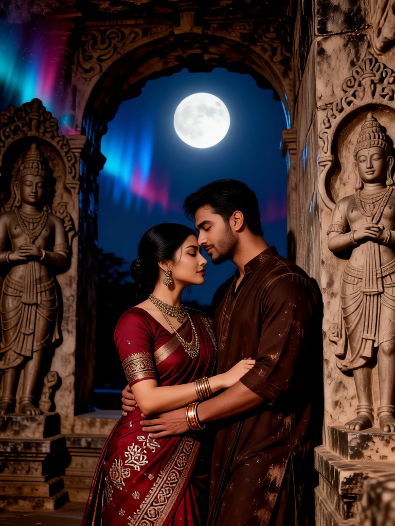 Stone Cave - Couple Watching the Aurora and Moon image