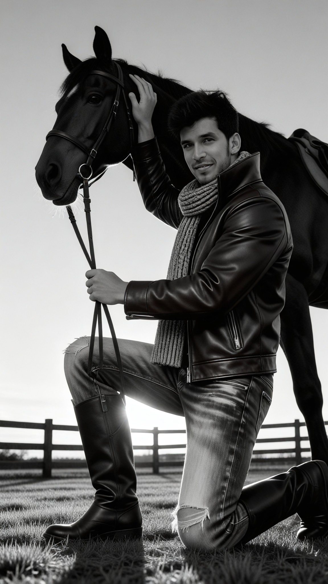 Hardcore Men and Horse in Black and White Style image