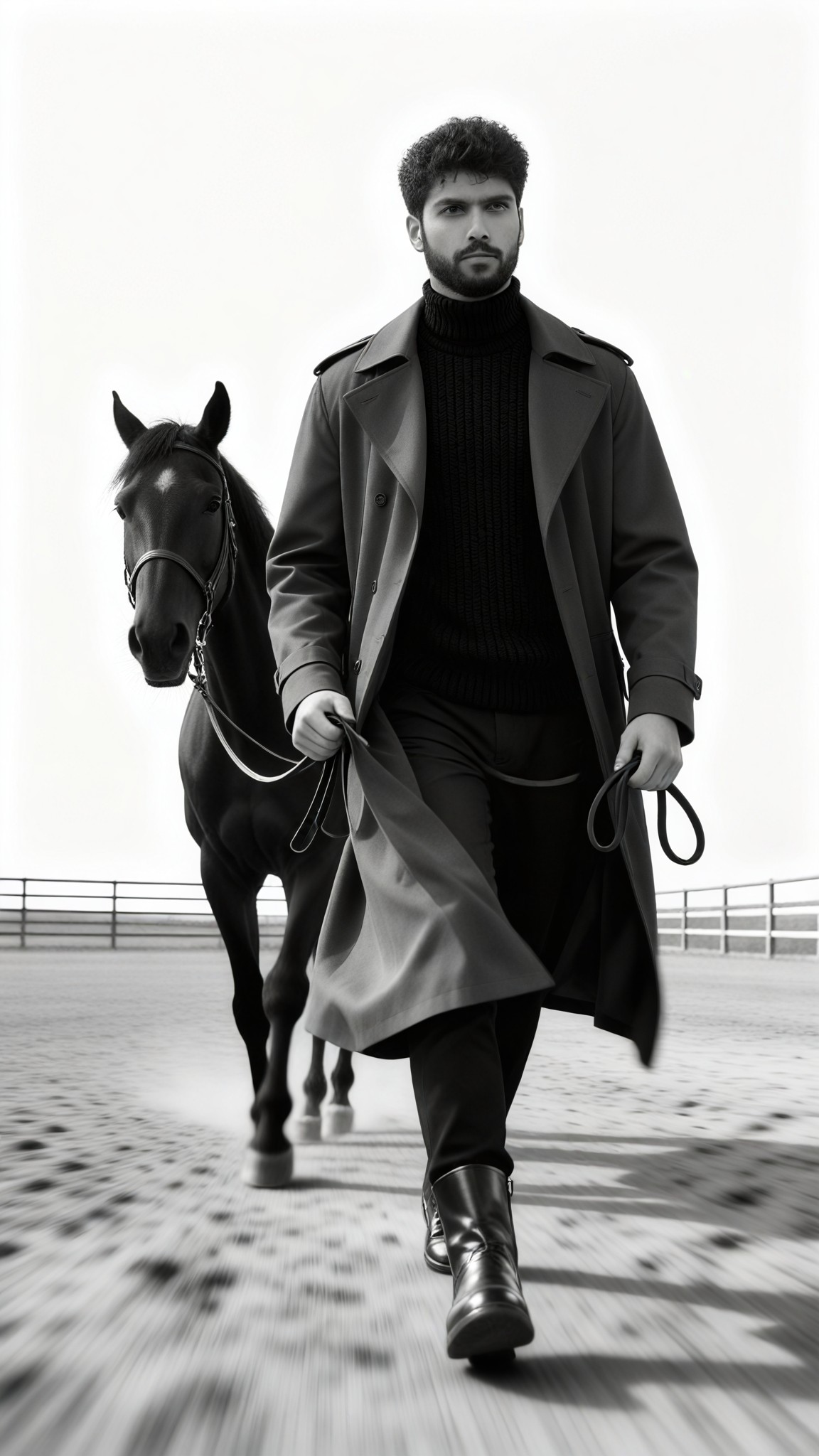 Man leading a horse in black and white style image