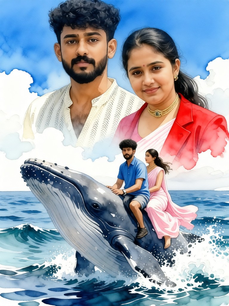 Riding a whale and leaping out of the sea image