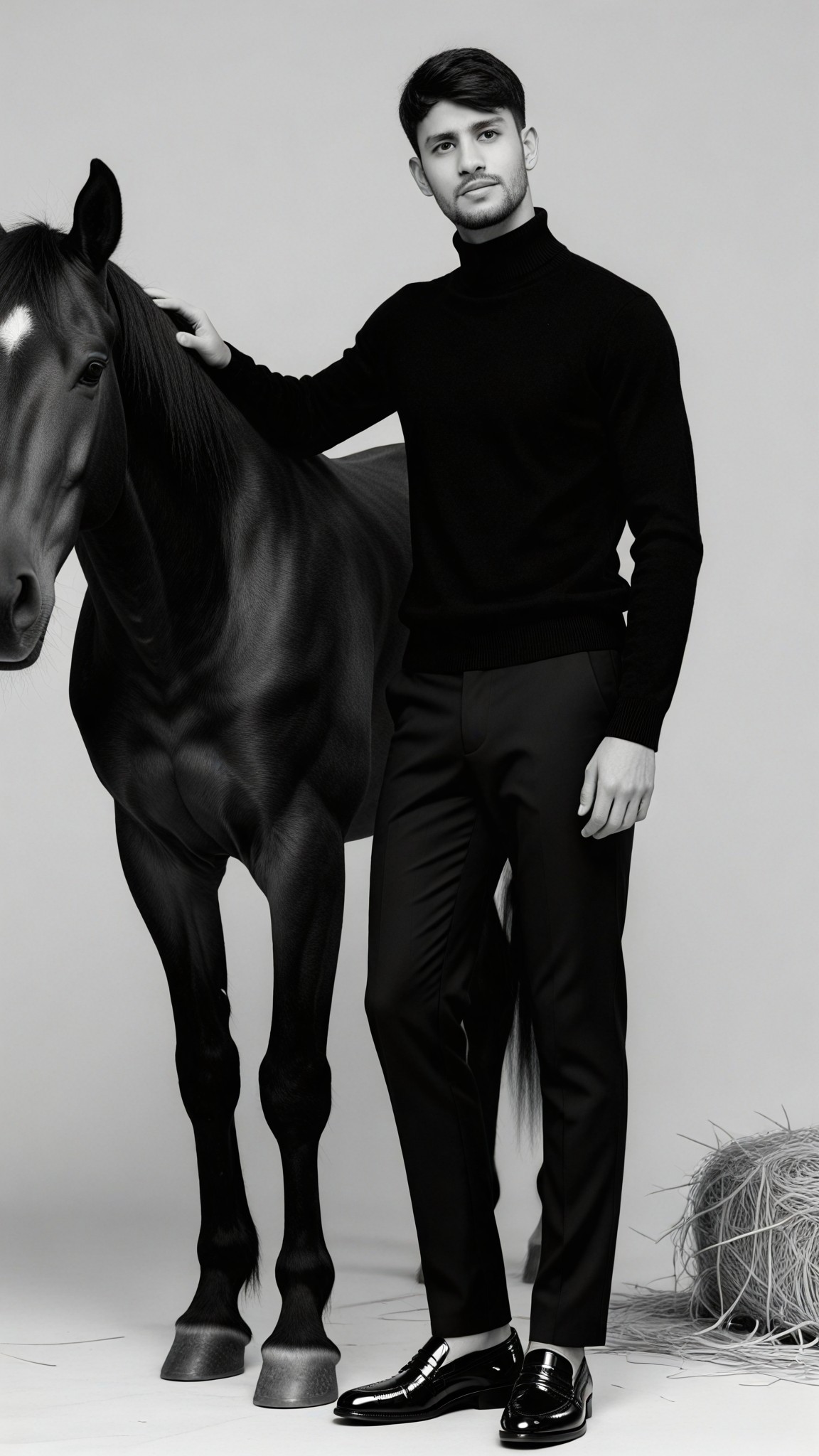 Black-and-white portrait style of a man leading a horse image
