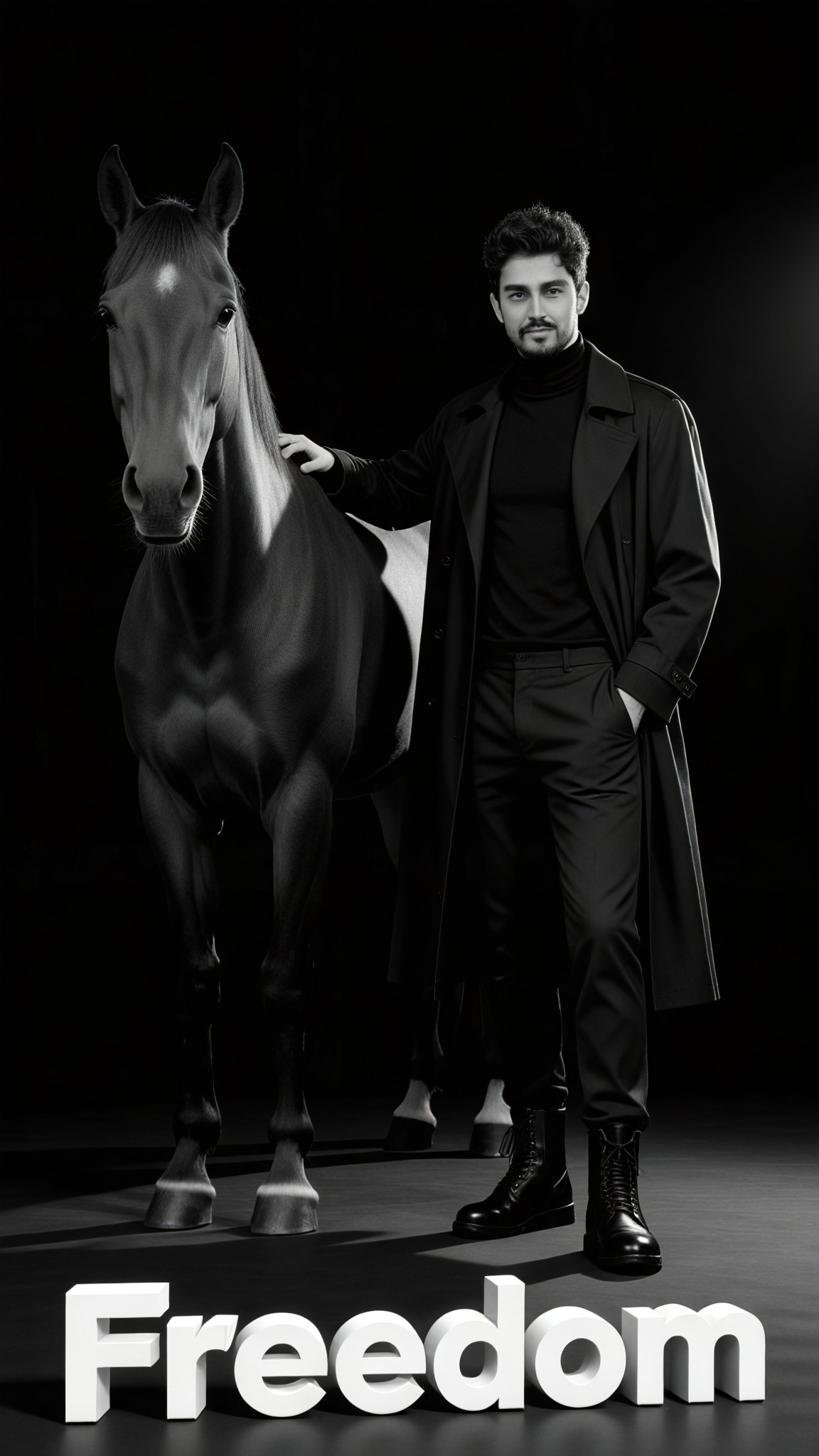 Black and white portrait photography of a man and a horse image