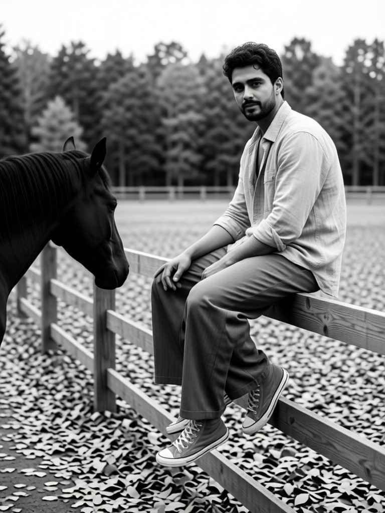 Sitting on the horse ranch railing in black and white style image