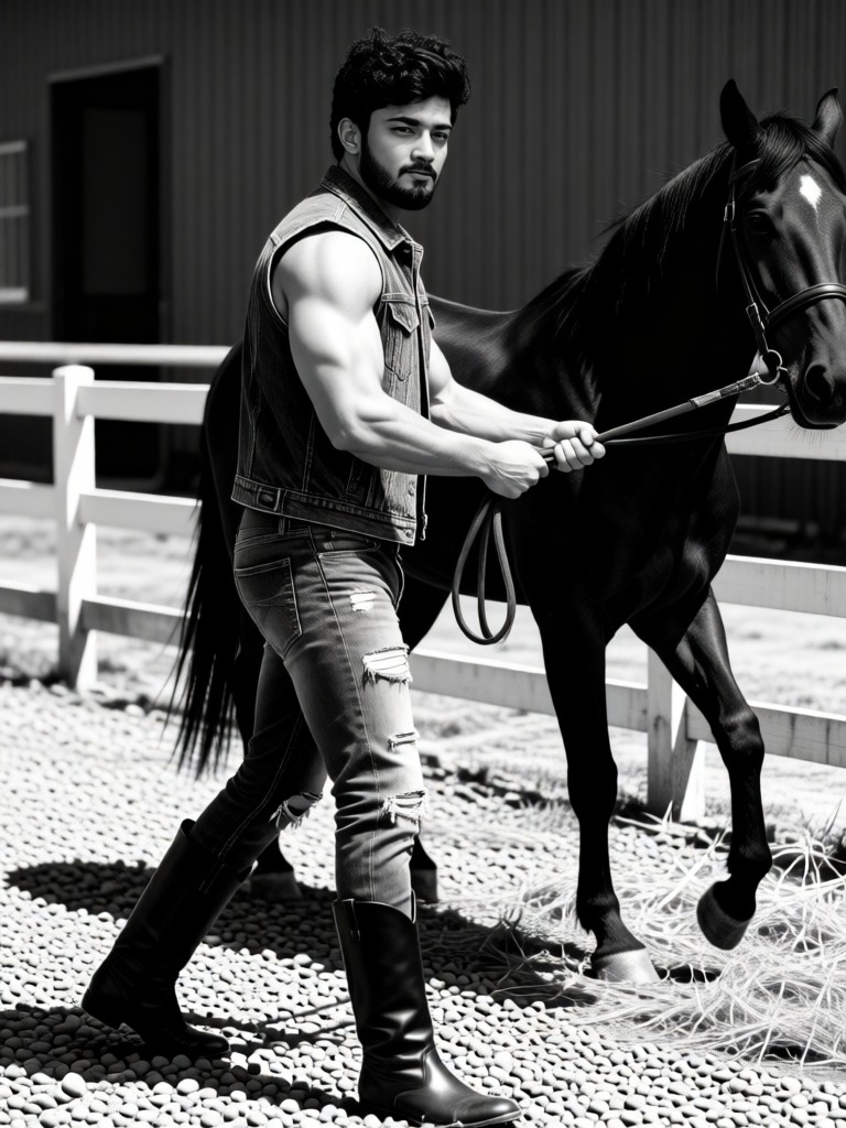 Man leading a horse in black and white style image