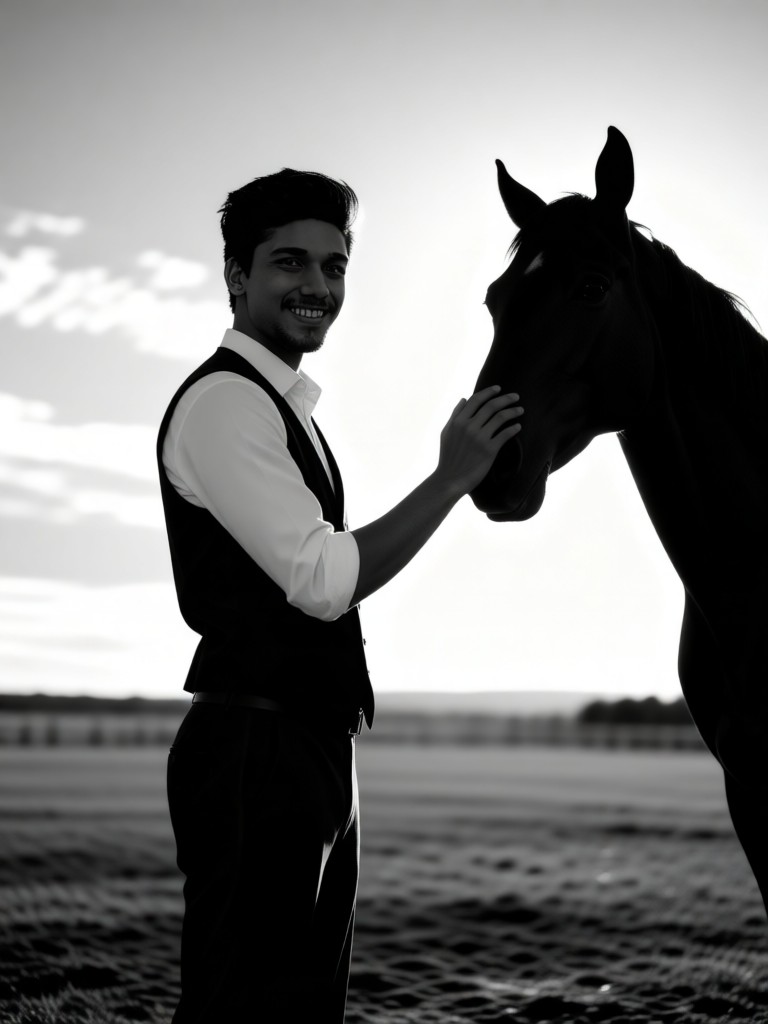 Backlit style of the black-and-white horse ranch image