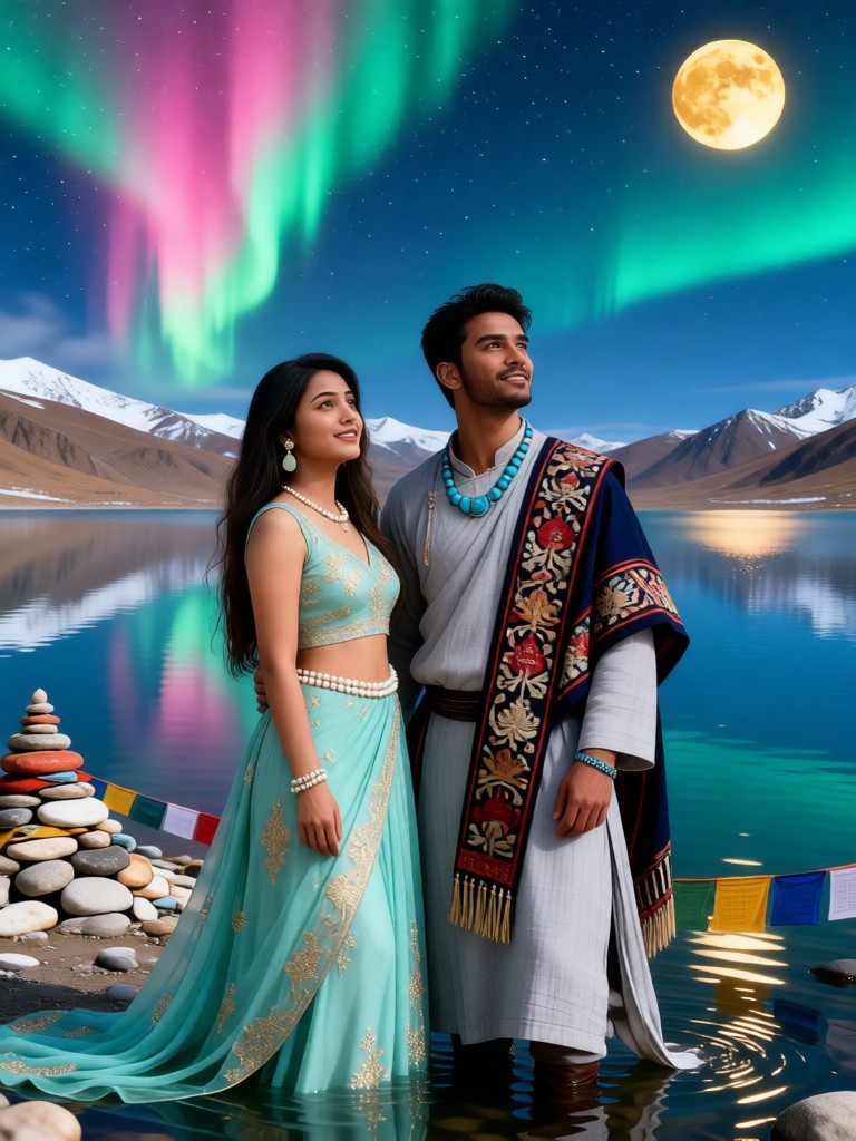 Lake Water - Couples Watching the Moon with the Aurora image