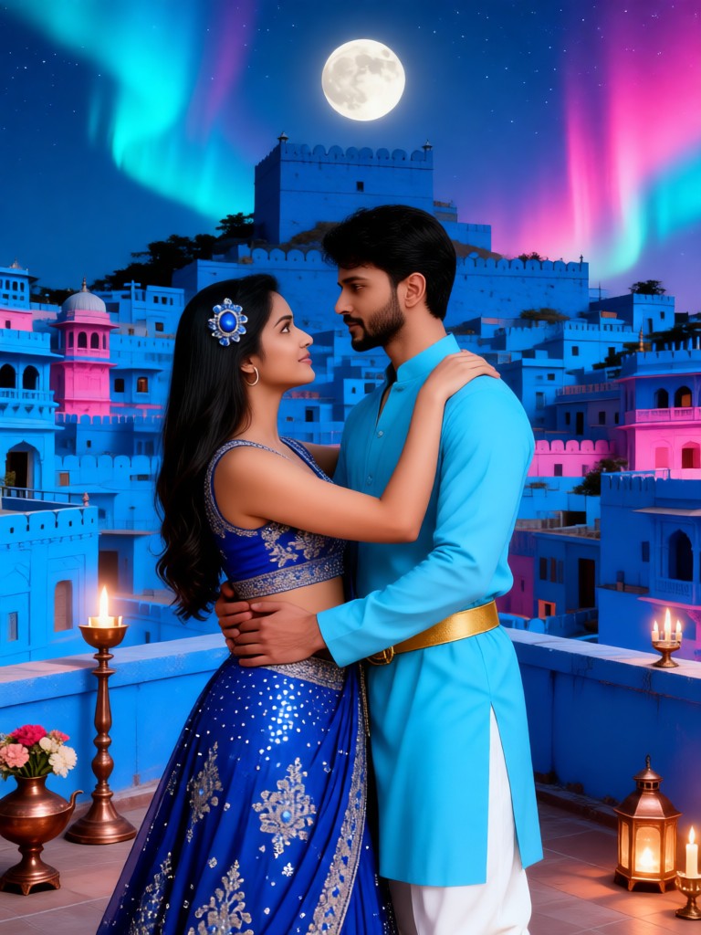 Rooftop - Couples Watching the Moon and Aurora image