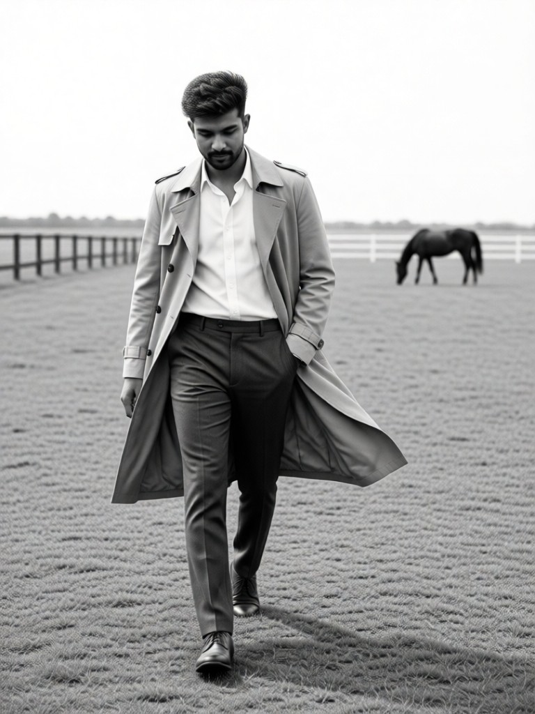 Black and white style of the windbreaker man in the horse ranch image