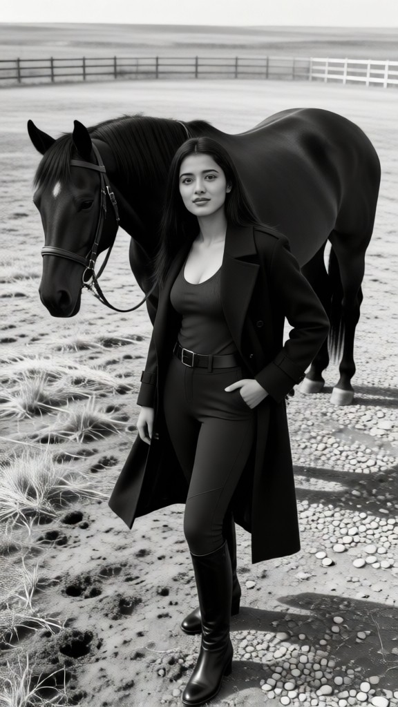 Overhead shot of the horse ranch in black and white style image