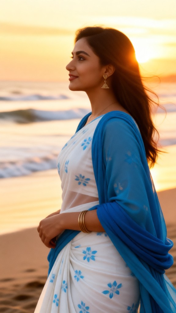 Beach Sunset White Sari Girl - Girl image