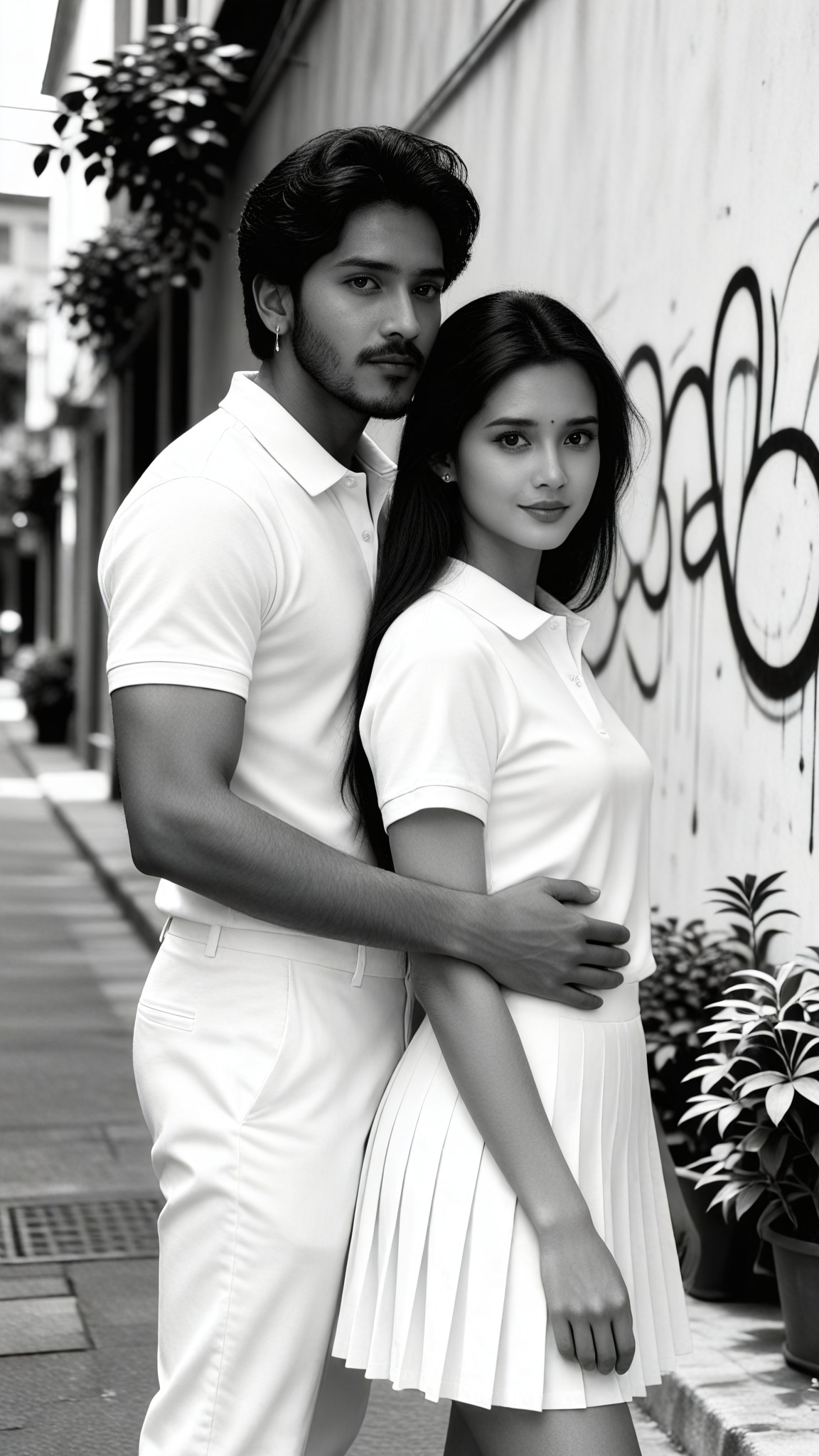 Black and White Art Street Back Patting Snuggling Photo image