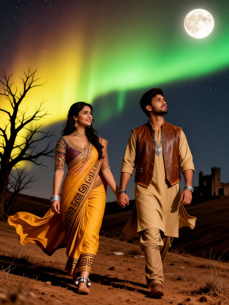 Wilderness - Couple Watching the Moon Under the Aurora image