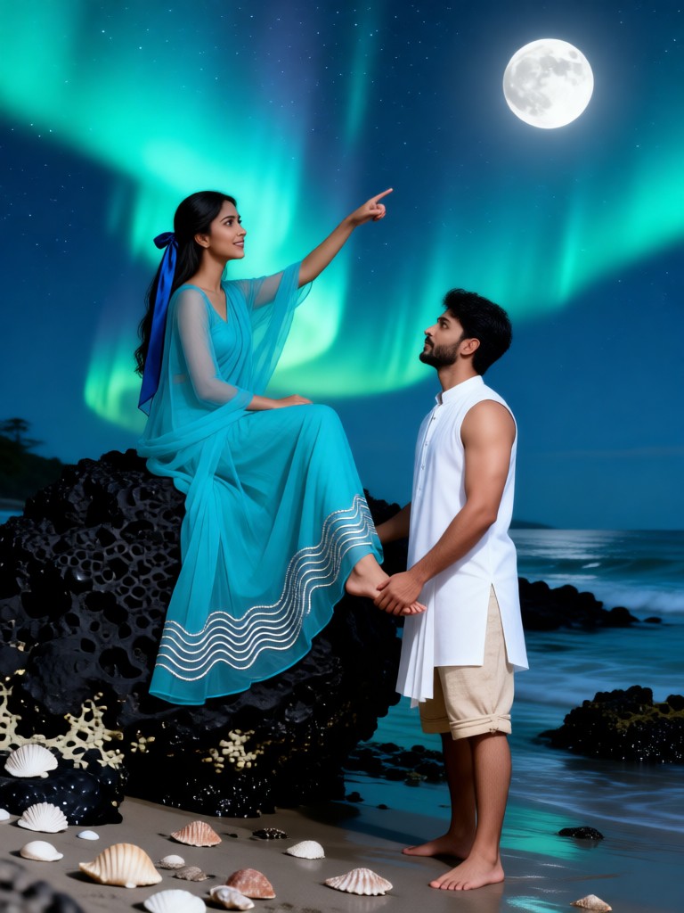Coast - Couple Watching the Moon Under the Aurora image