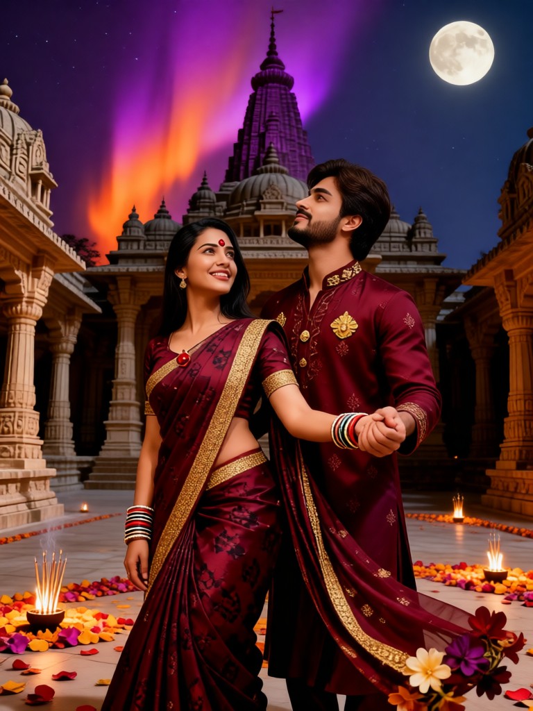 Courtyard - Couple Watching the Moon Under the Aurora image