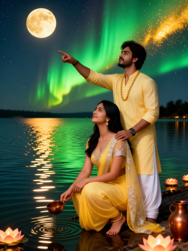 Lakeside - Couples Watching the Moon Under the Aurora image