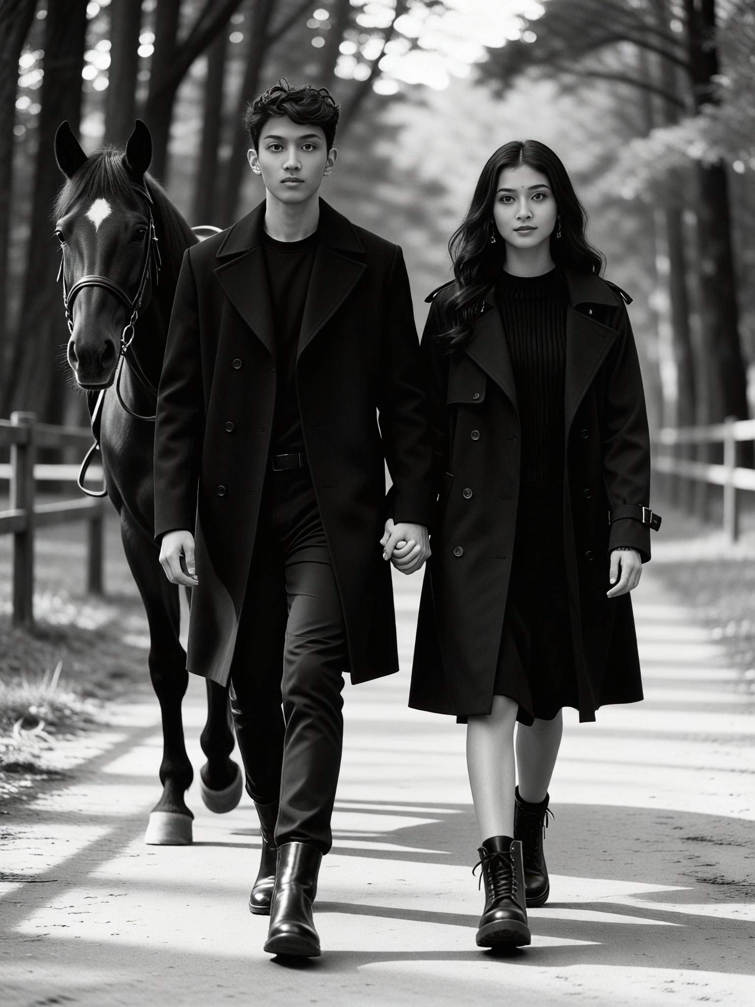 Retro forest horse trail in black and white style image