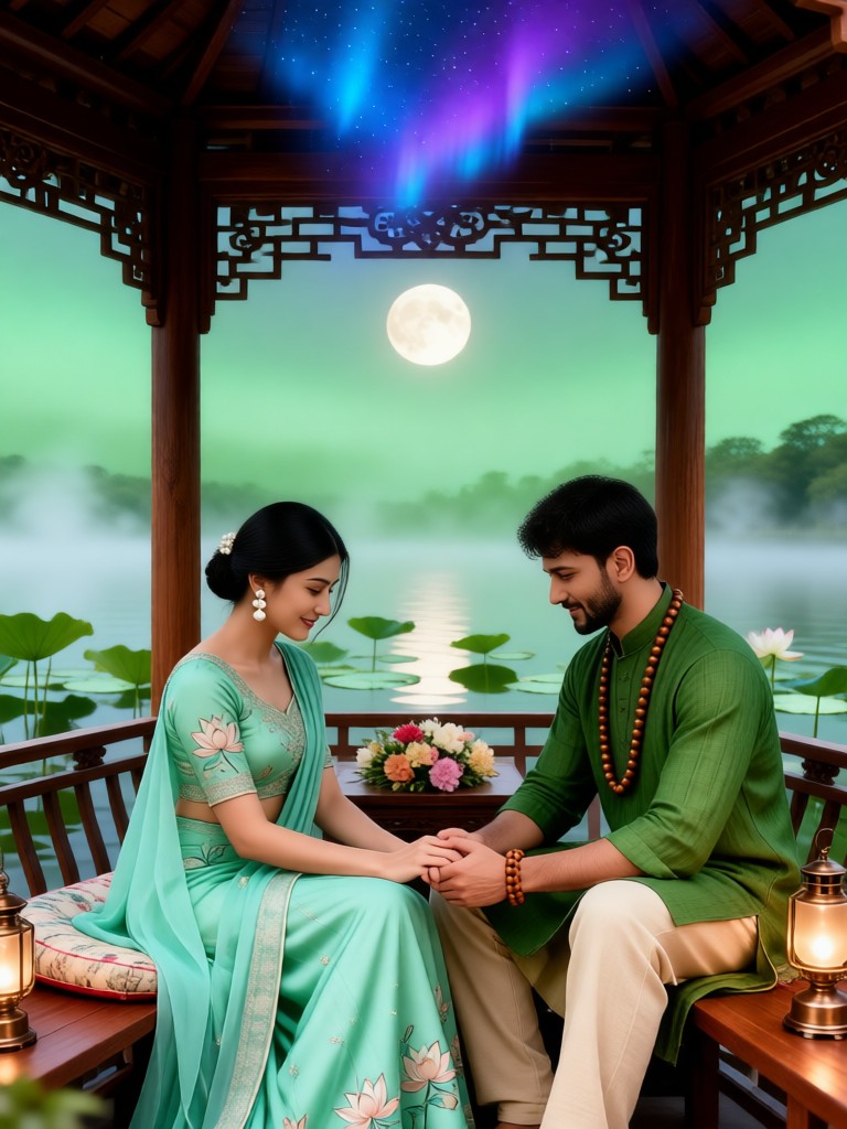 Pavilion in the Middle of the Lake - Couples Enjoying the Moon image