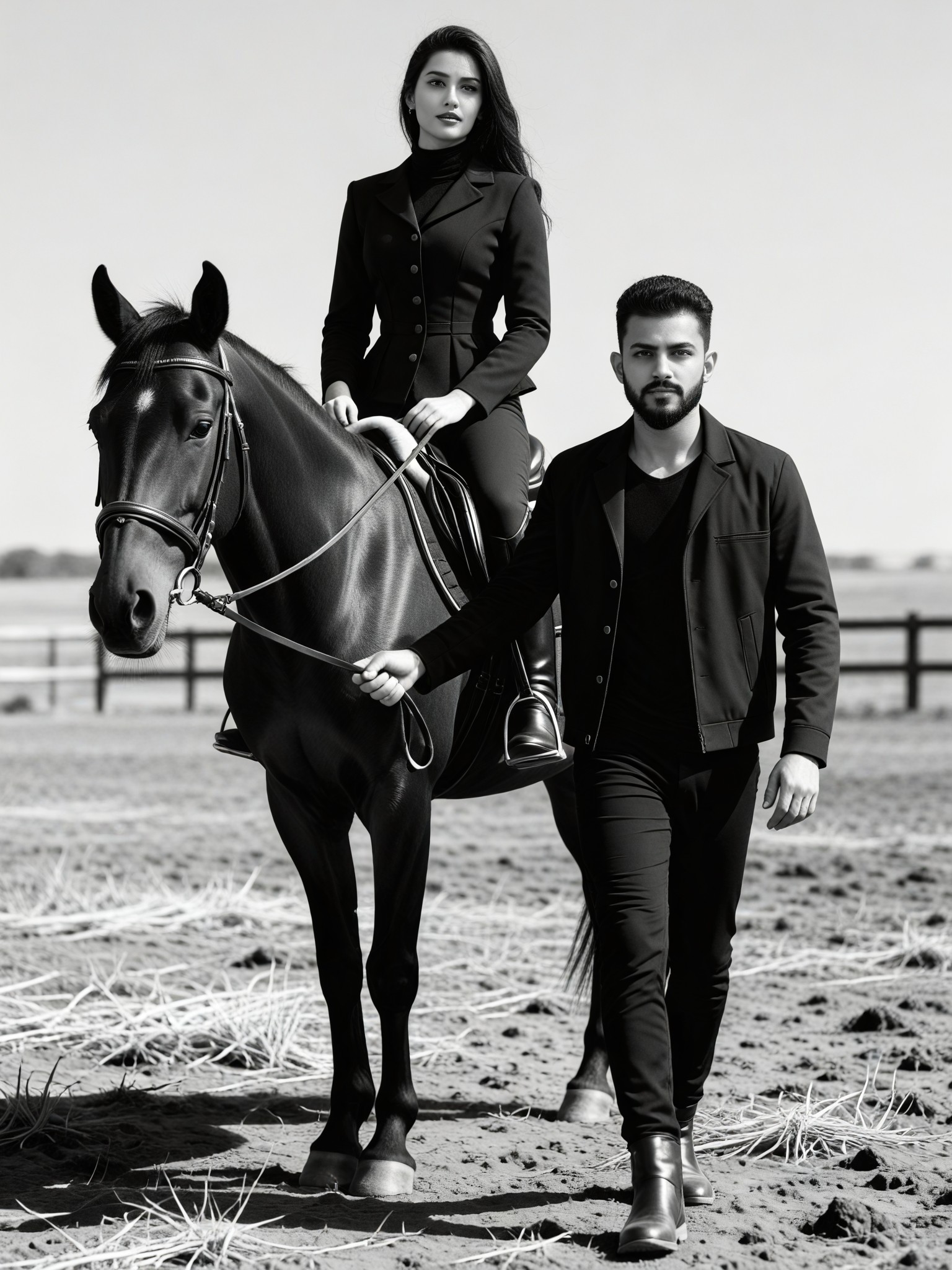 Man leading a horse, black and white style image