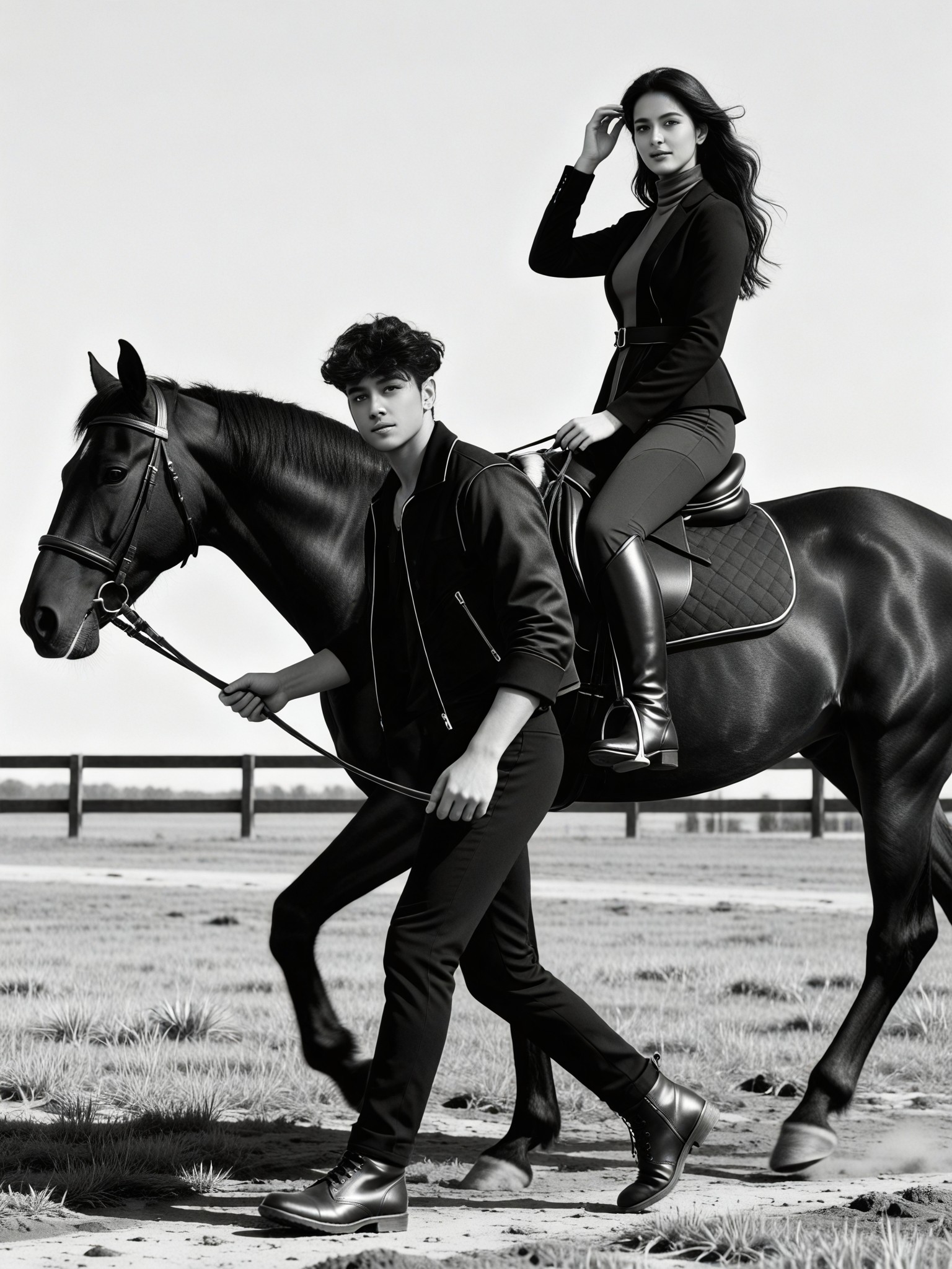 Black-and-white style of a couple riding horses image