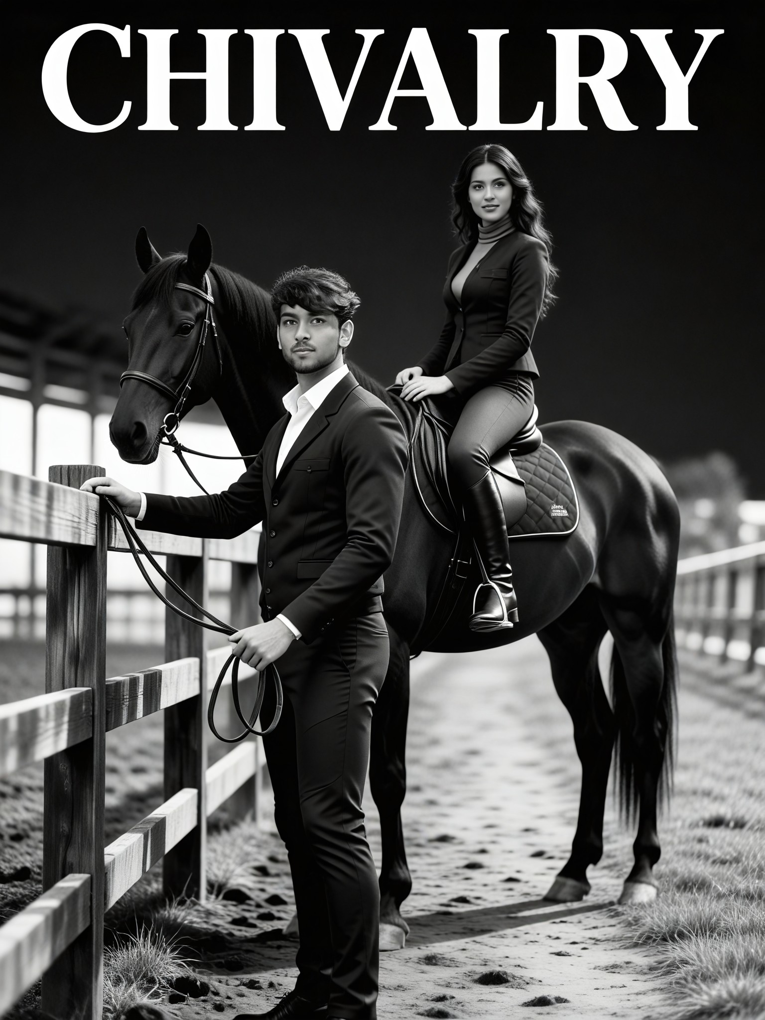 Black and white movie poster style of horse ranch lovers image