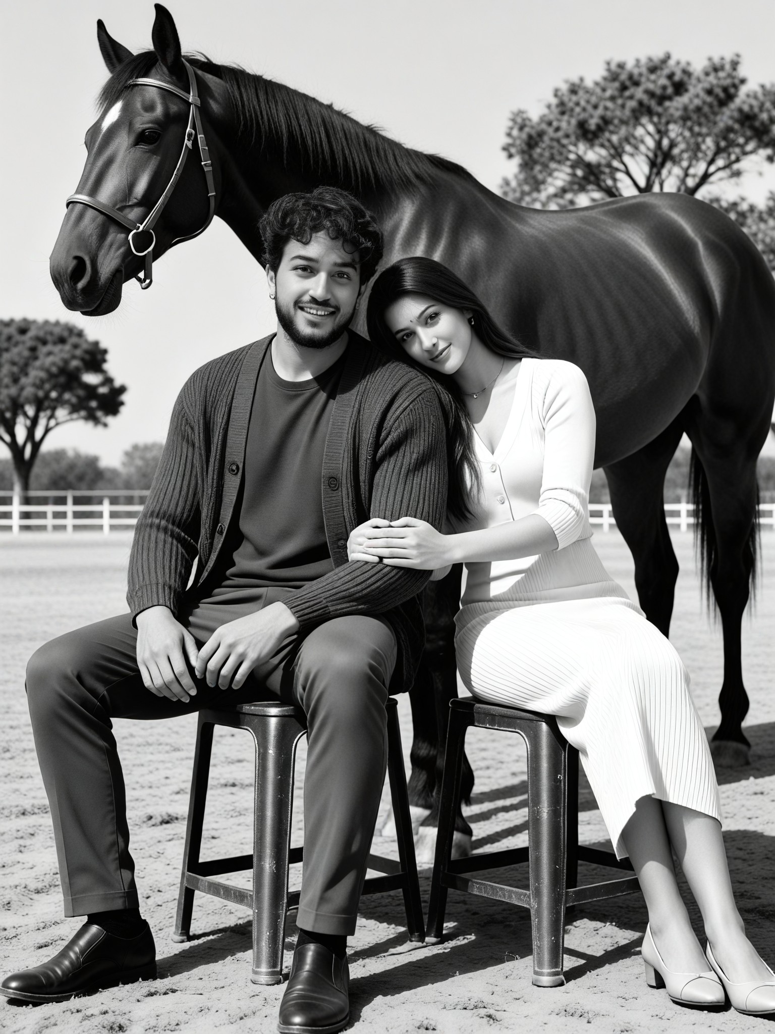 Couple sitting posture horse ranch black and white style image