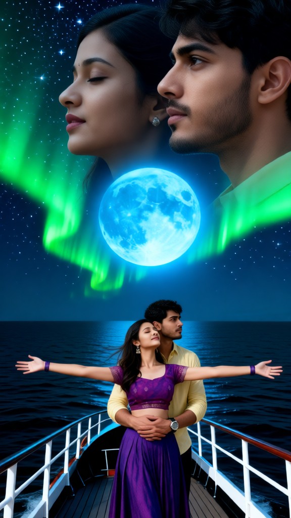 Couple watching the aurora on a boat image