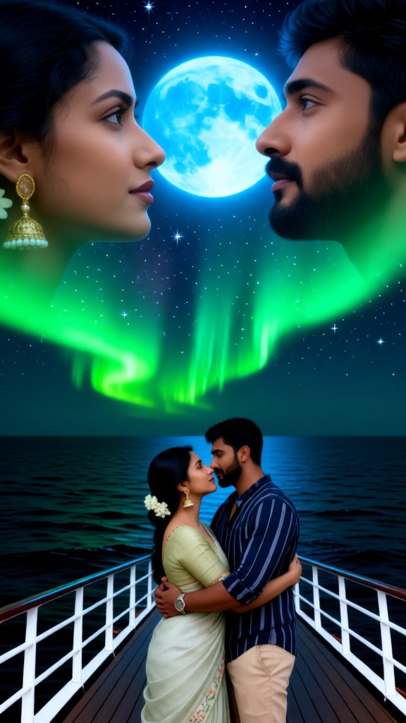 Couple watching the aurora on a boat-p image