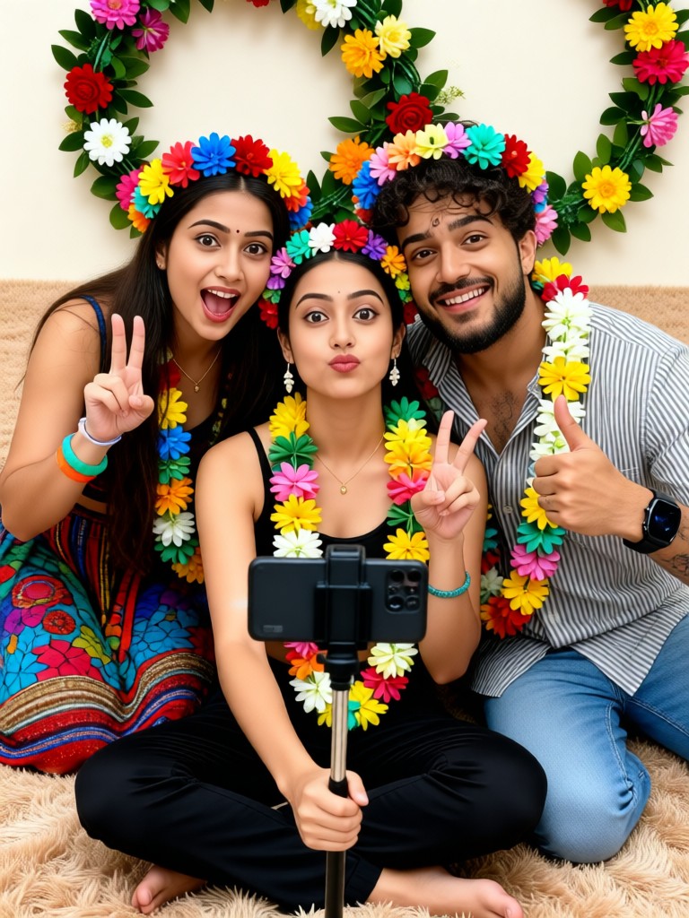 Three people making funny selfies image