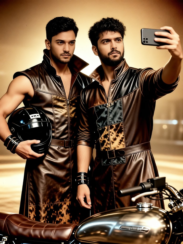 Two-person motorcycle selfie - male image