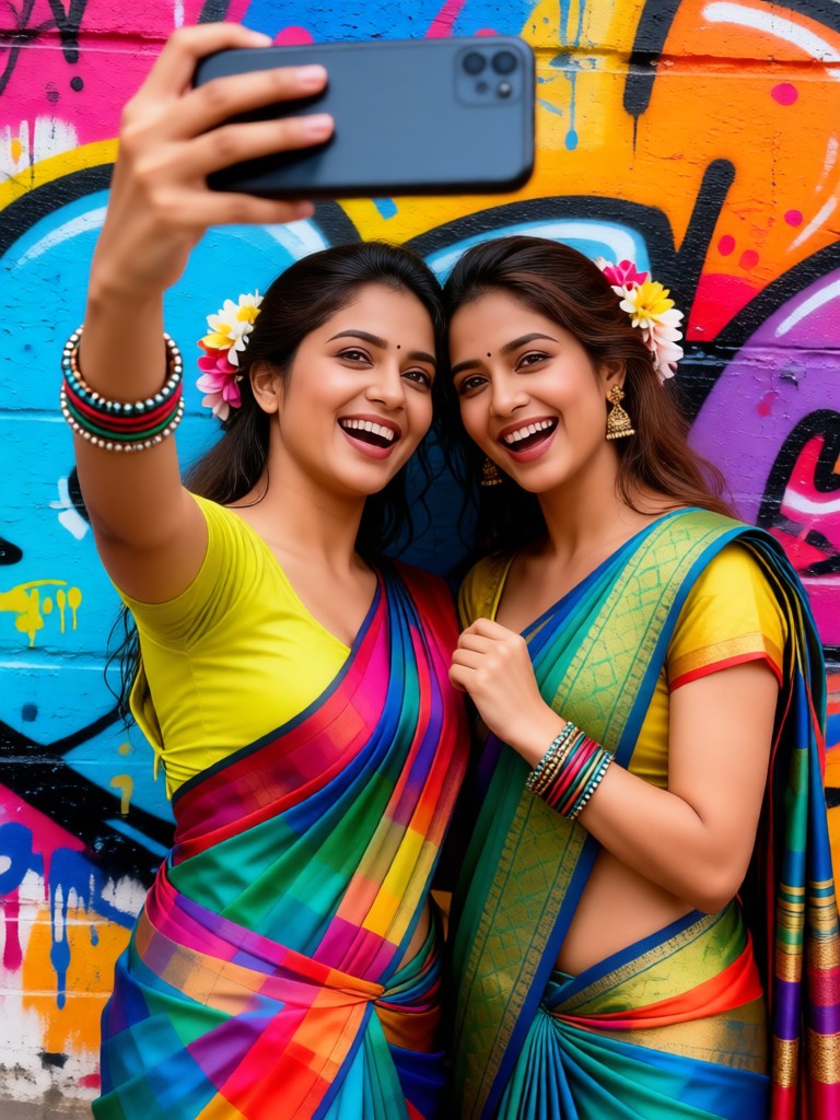 Two people taking a selfie on the street - female image
