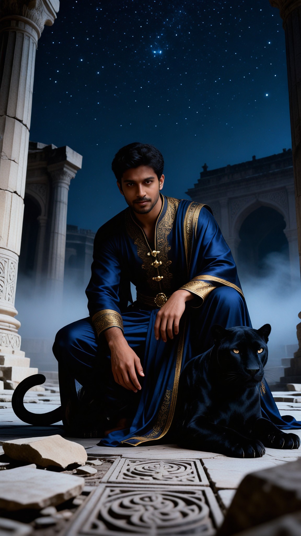 Night view of the ruins of an Indian palace with a panther and a person image