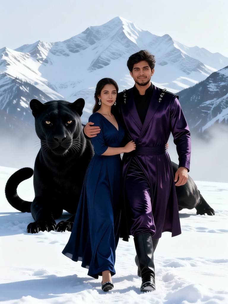 Panther and Couple: Guardians of the Snowy Mountains image