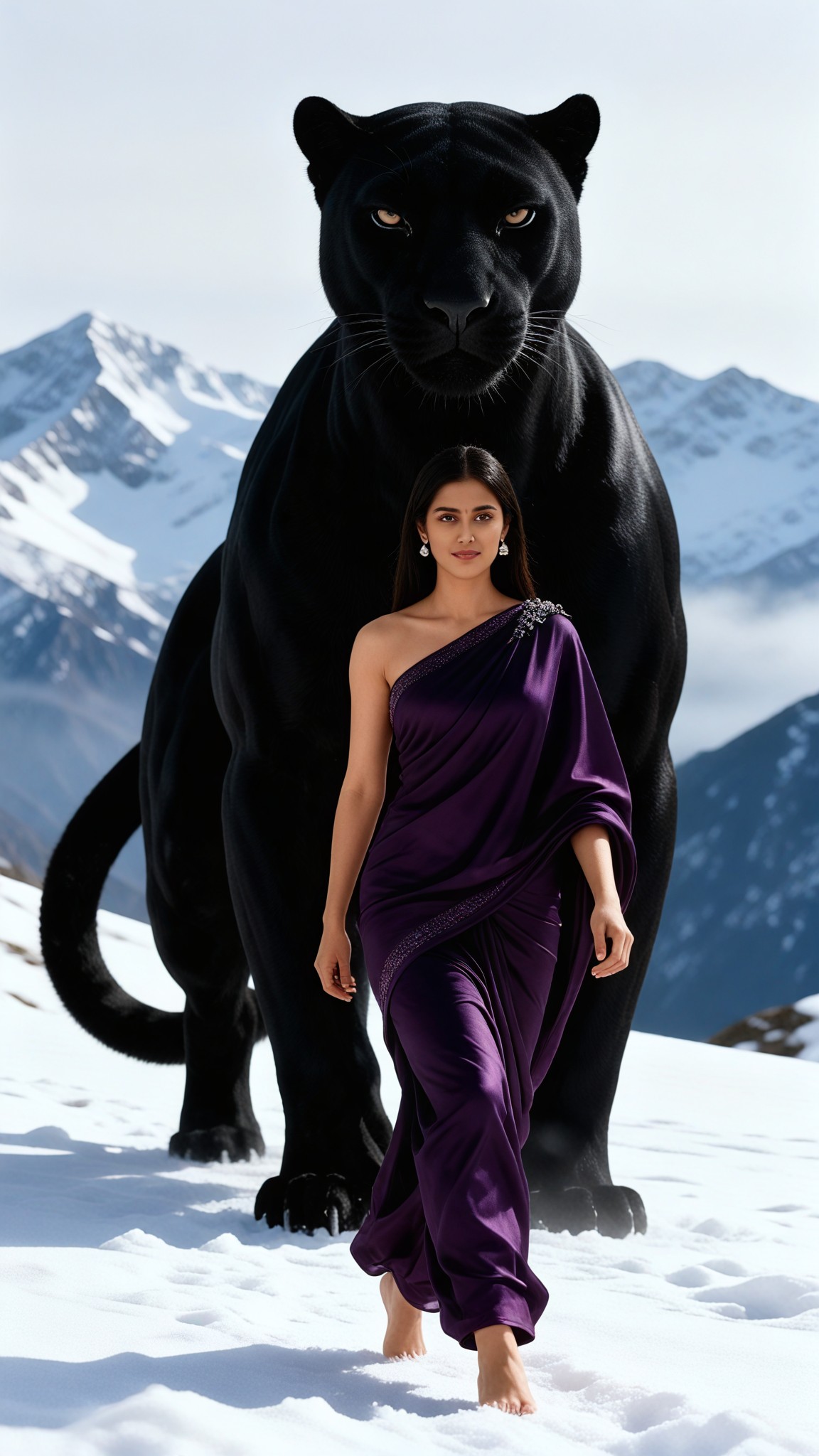 Giant Black Panther and Woman: Snowy Mountain Scene image