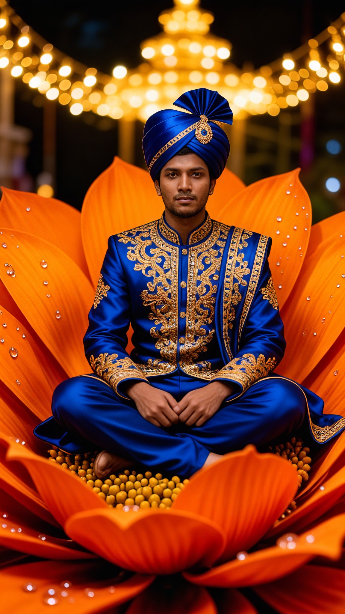 The person sitting in the marigolds image