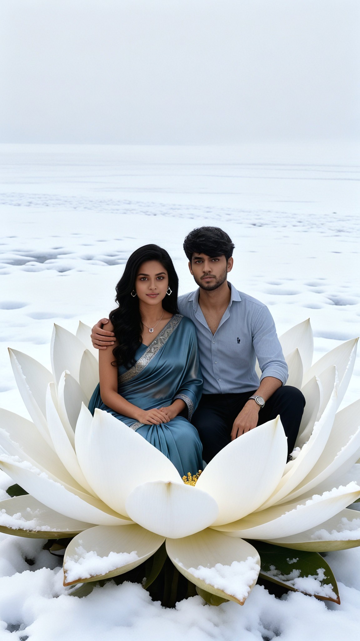 A couple sitting in a snow lotus image