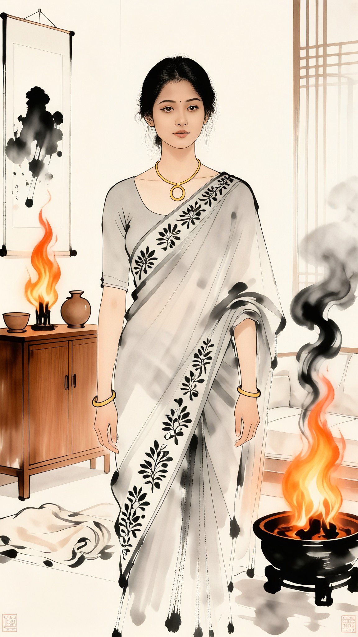 Portrait of Flame Element in Ink Painting Content Style image